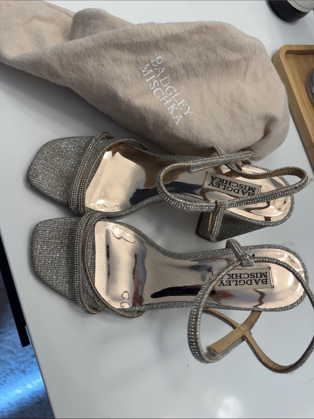 Badgley Mischka Silver Glitter Strappy Block Heels